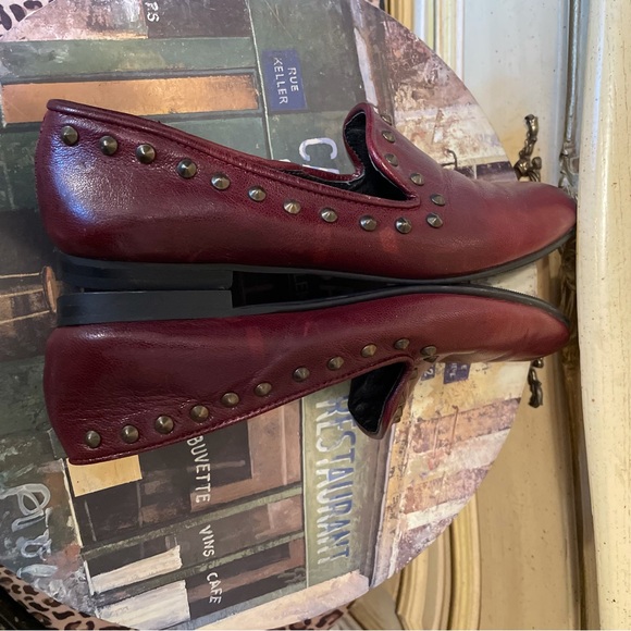 Jonak Paris Maroon Burgundy Leather Studded Stud Slip on Loafer Shoes - Picture 5 of 9